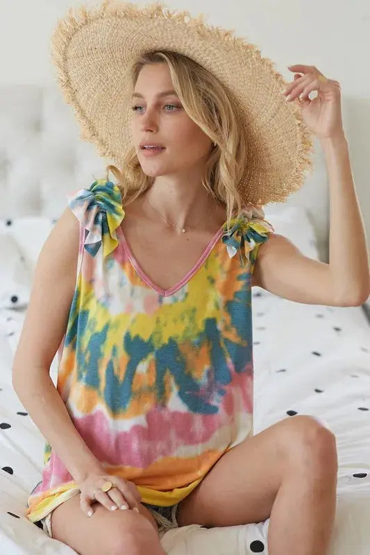 Knit Tank - Tie Dye Ruffle - V-Neck