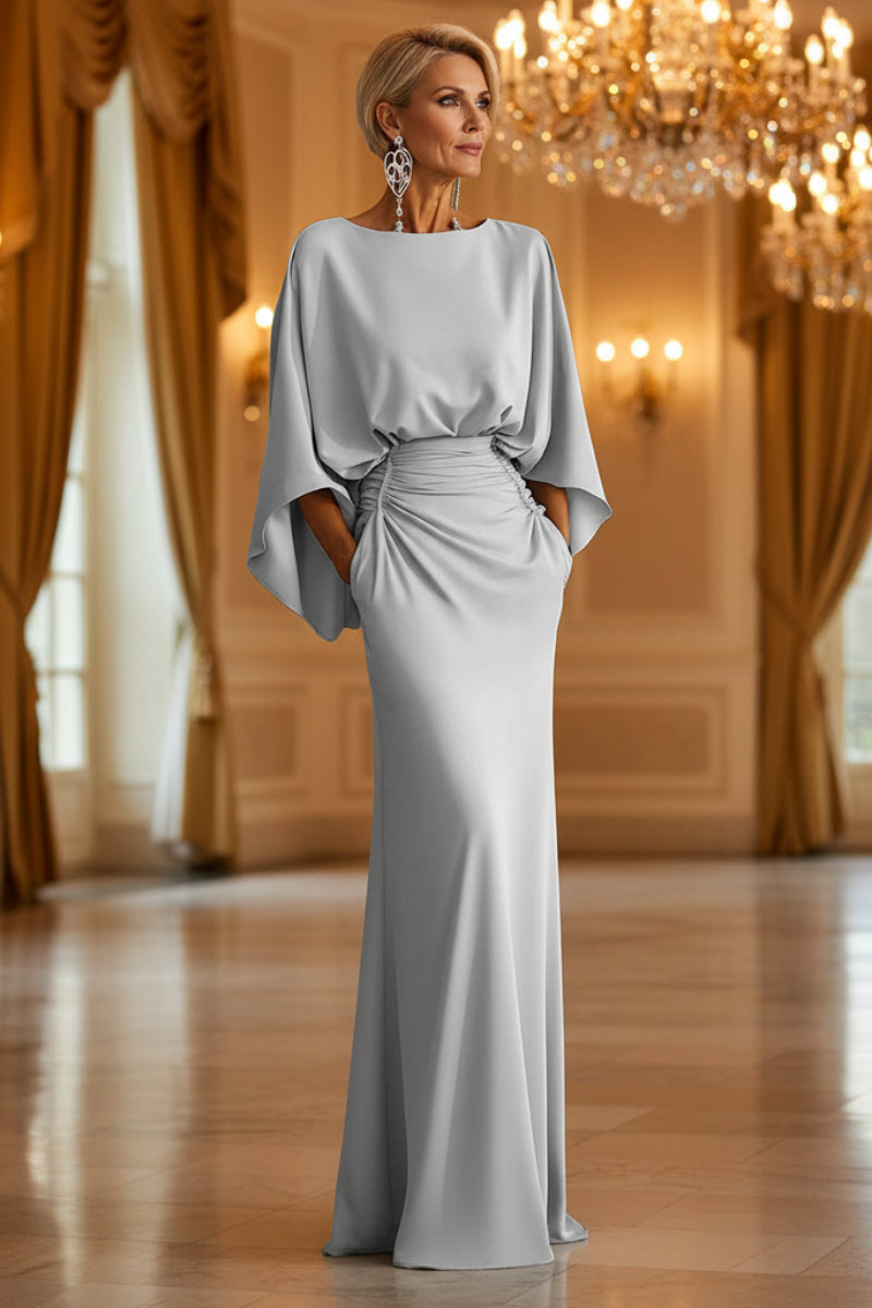 Women's Elegant Backless Pleated Batwing Sleeve Maxi Dress — Silver Me –