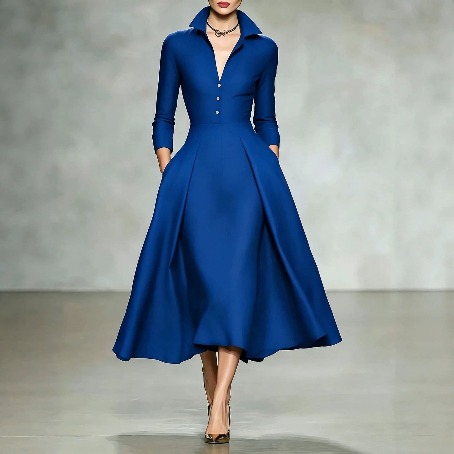 V-Neck Waist-Cinching Long Sleeve Midi Dress