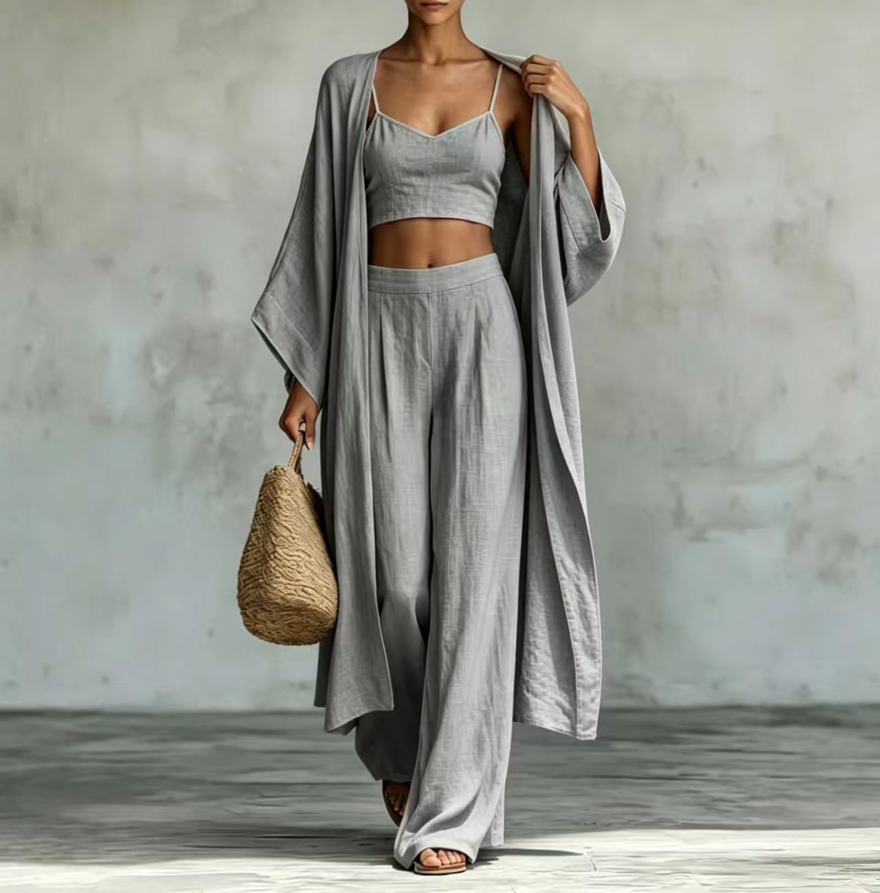 Loose Cardigan & Strap Top High Waist Wide Leg Pants Set – 3-Piece