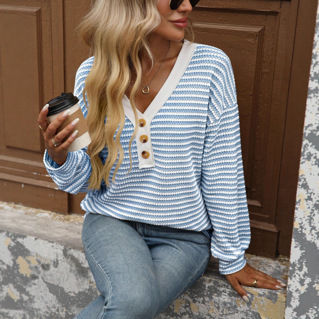 Women's V-Neck Button Striped Color Block Top – Long Sleeve Loose Fit