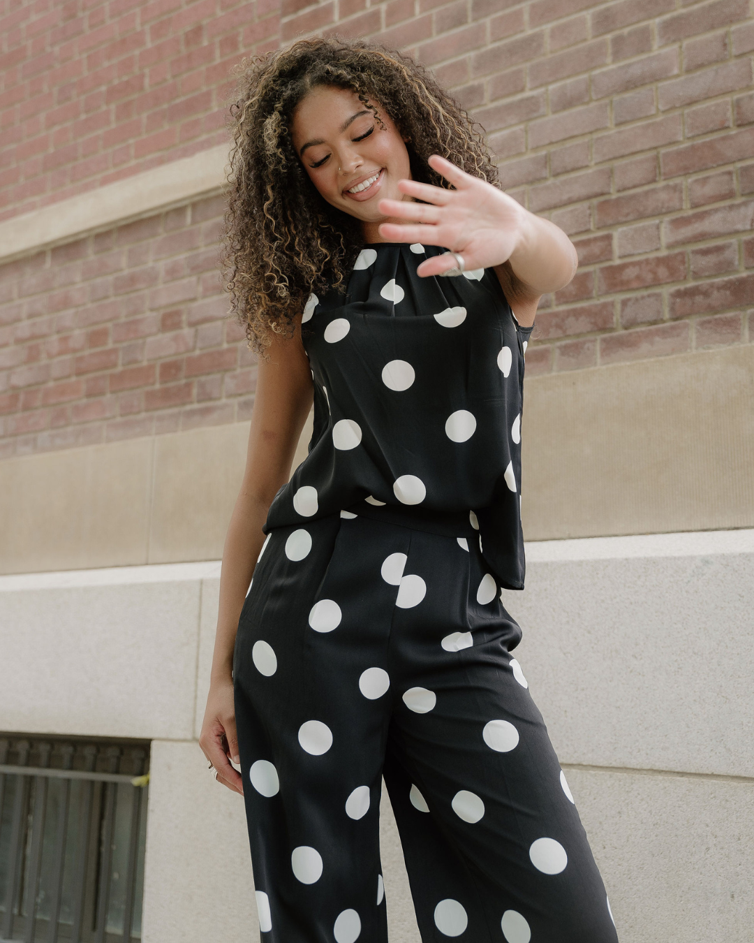 Paris Polka Dot Print Pleated Round Neck Tank Wide Leg Two-Piece Outfit