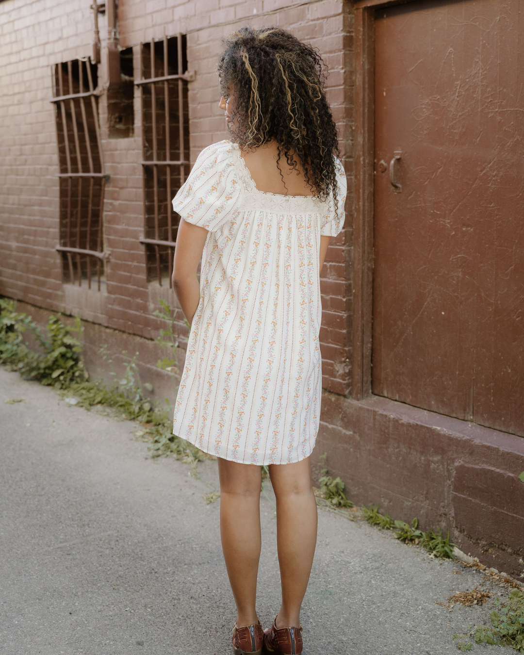 Birdie Ribbon Bow Lace Trim Square Neck Mini Dress