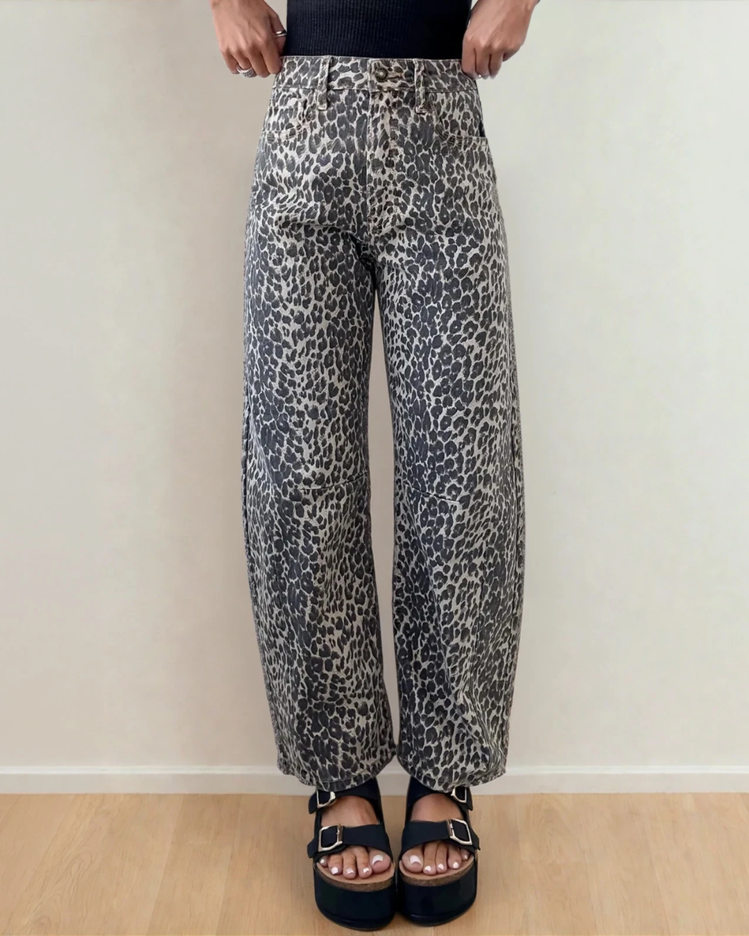 Naeve Leopard Print High Waist Barrel Jeans