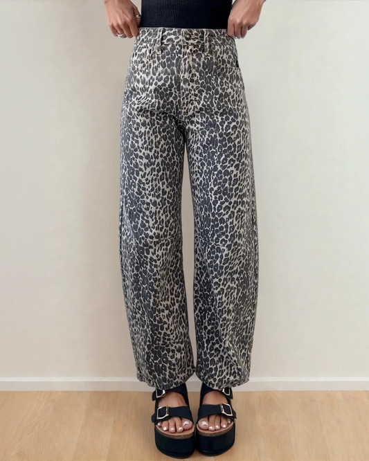 Naeve Leopard Print High Waist Barrel Jeans