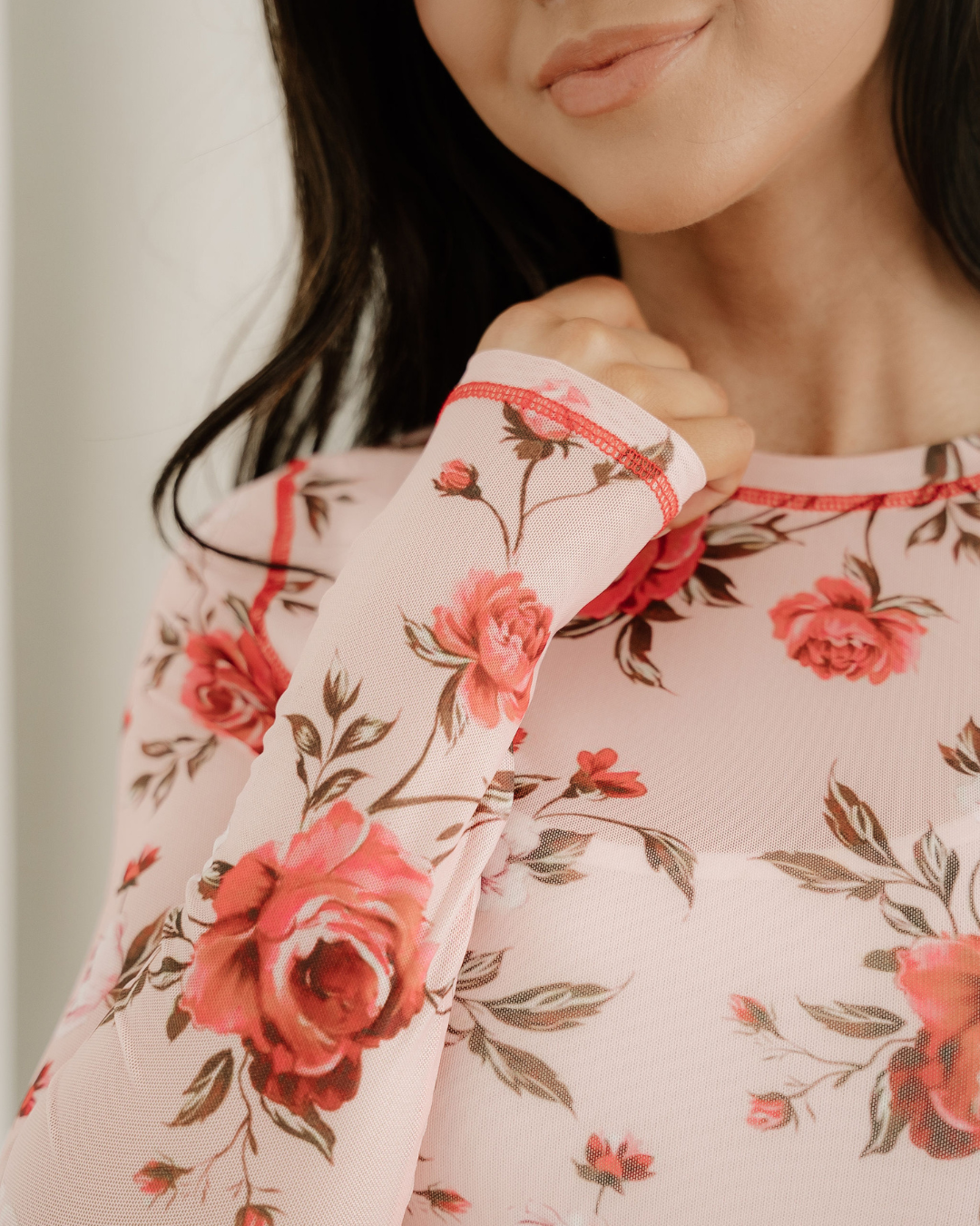 Rose Semi Sheer Crew Neck Long Sleeve Mesh Layering Top