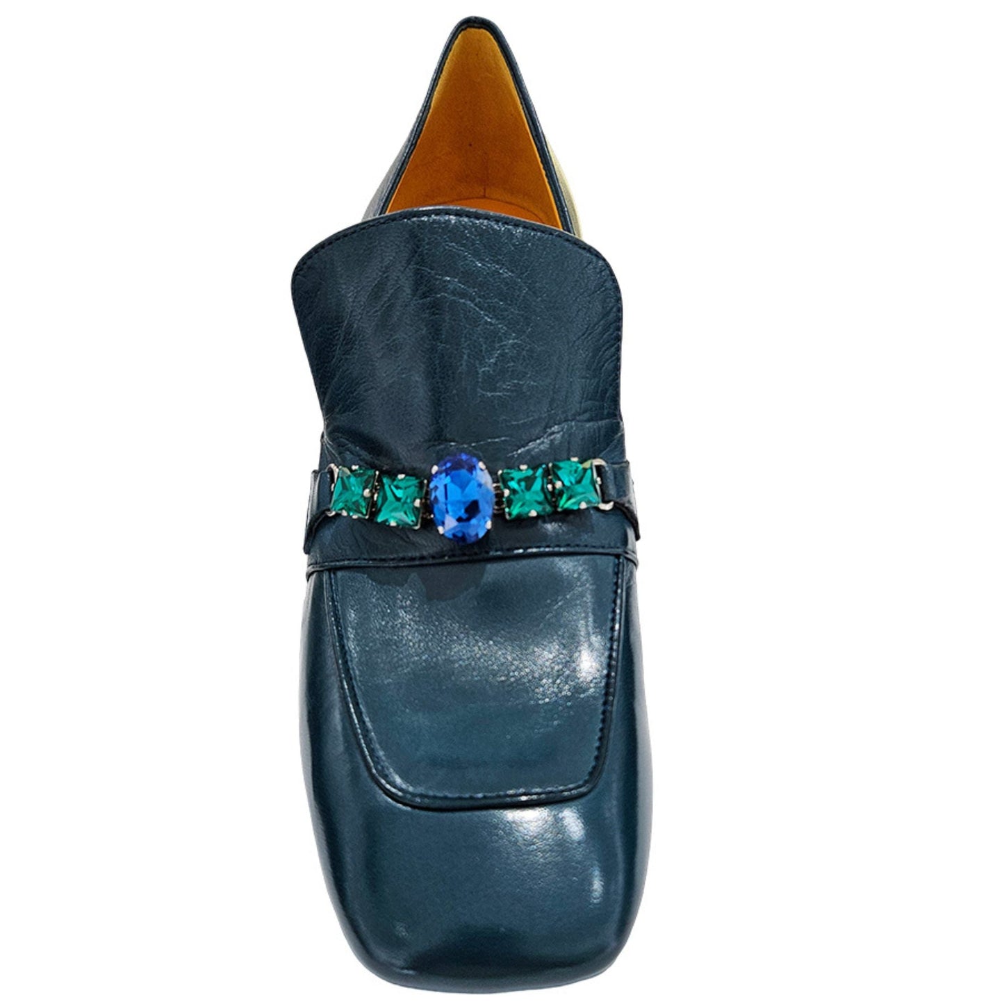 Navy Leather Mid Heel Jeweled Loafer