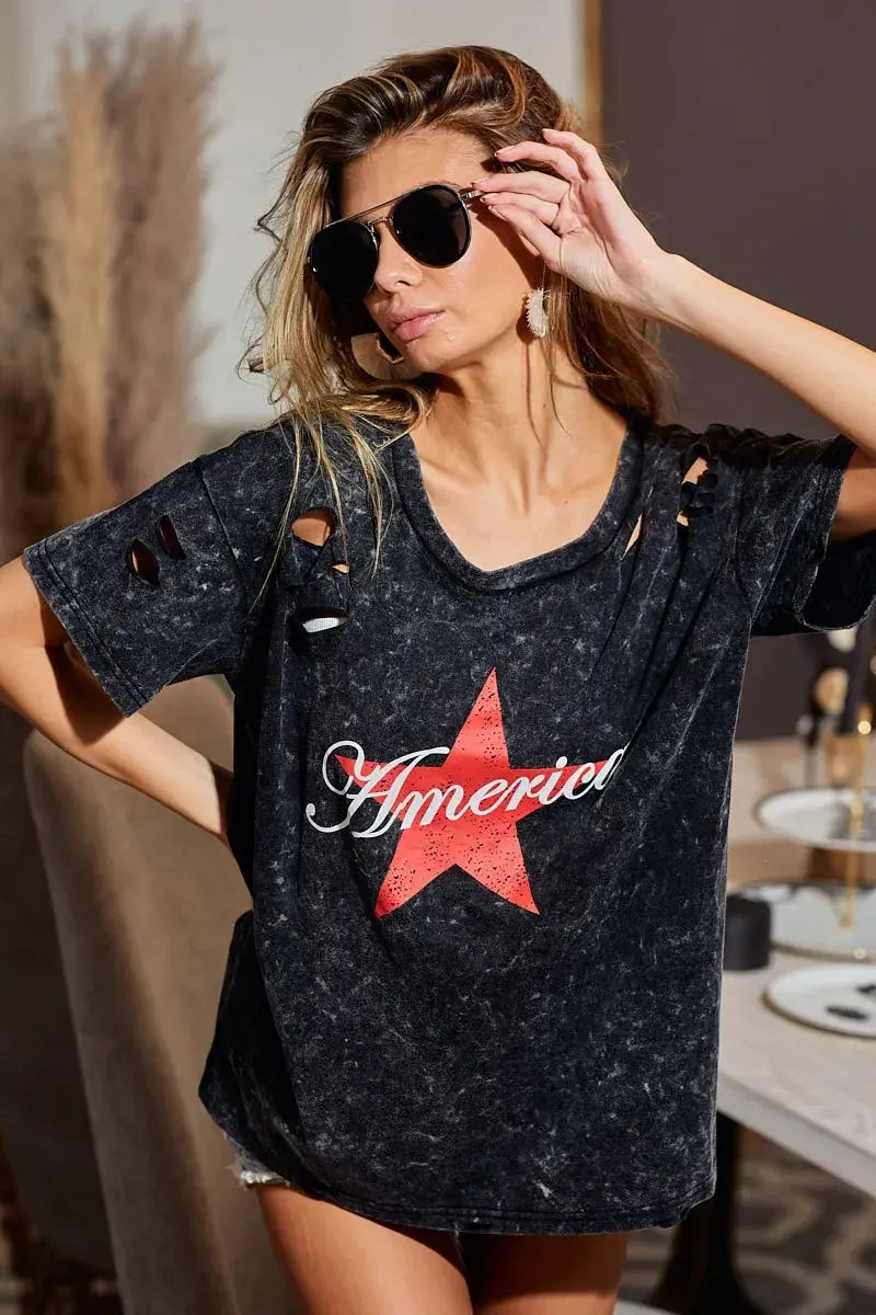Women's Top - Laser Cut Mineral Wash - Jersey T-Shirt