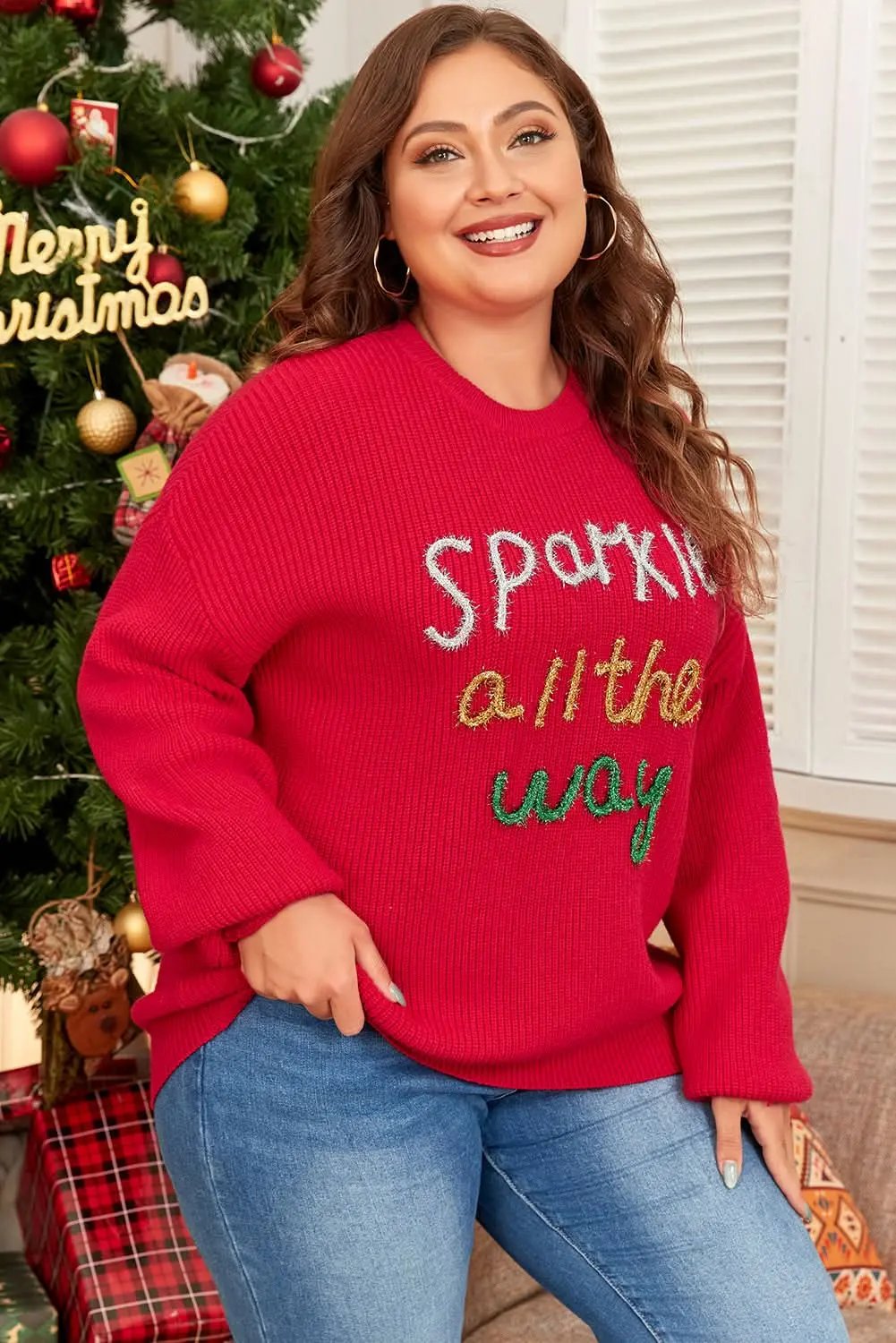 Women's Plus Size Tinsel Sweater - Racing Red Holiday Festive