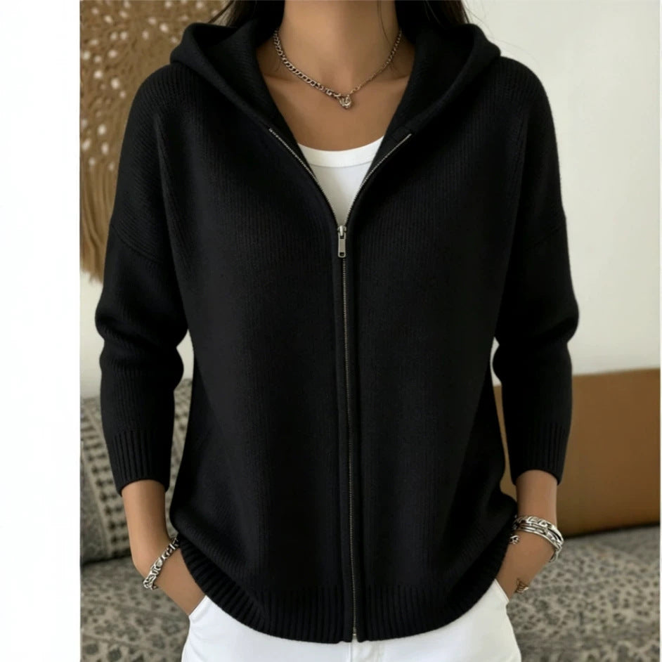 Zip-Up Knitted Hooded Cardigan Coat – Women’s Sweater