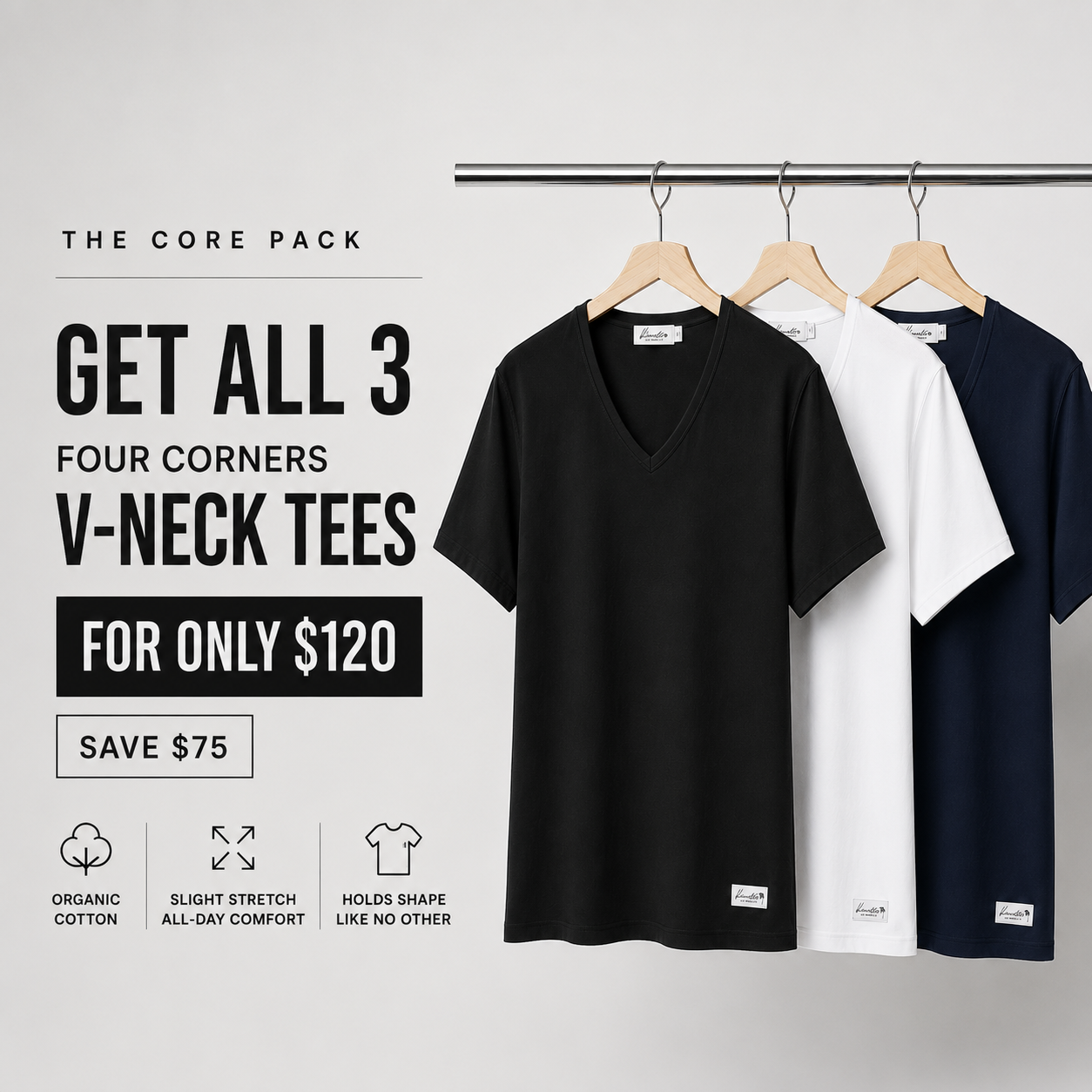 Core Four Corners Organic V-Neck Tees - Three Pack (Save $75)