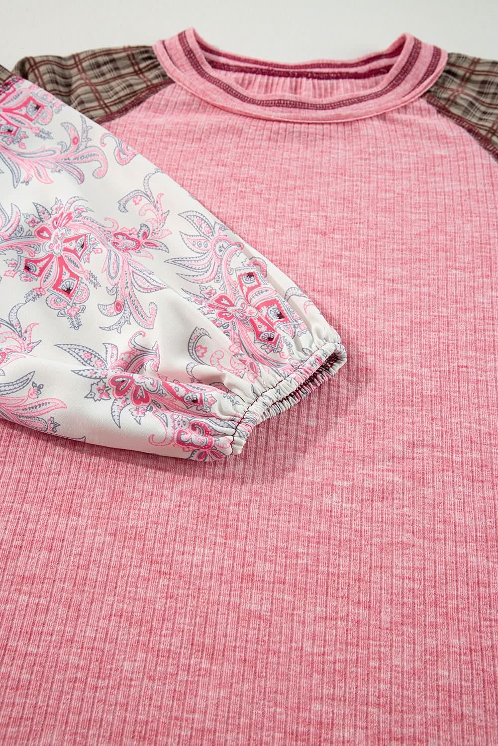 Love Salve Fushia Patchwork Top Women's Casual Knit Top: Ribbed & Raglan