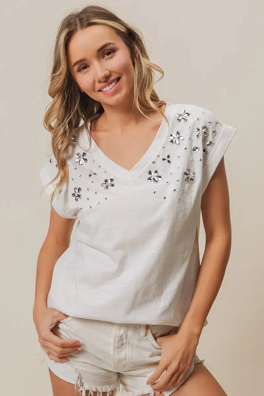 Women's Top - Slub Rhinestone V-Neck - Comfy Fit