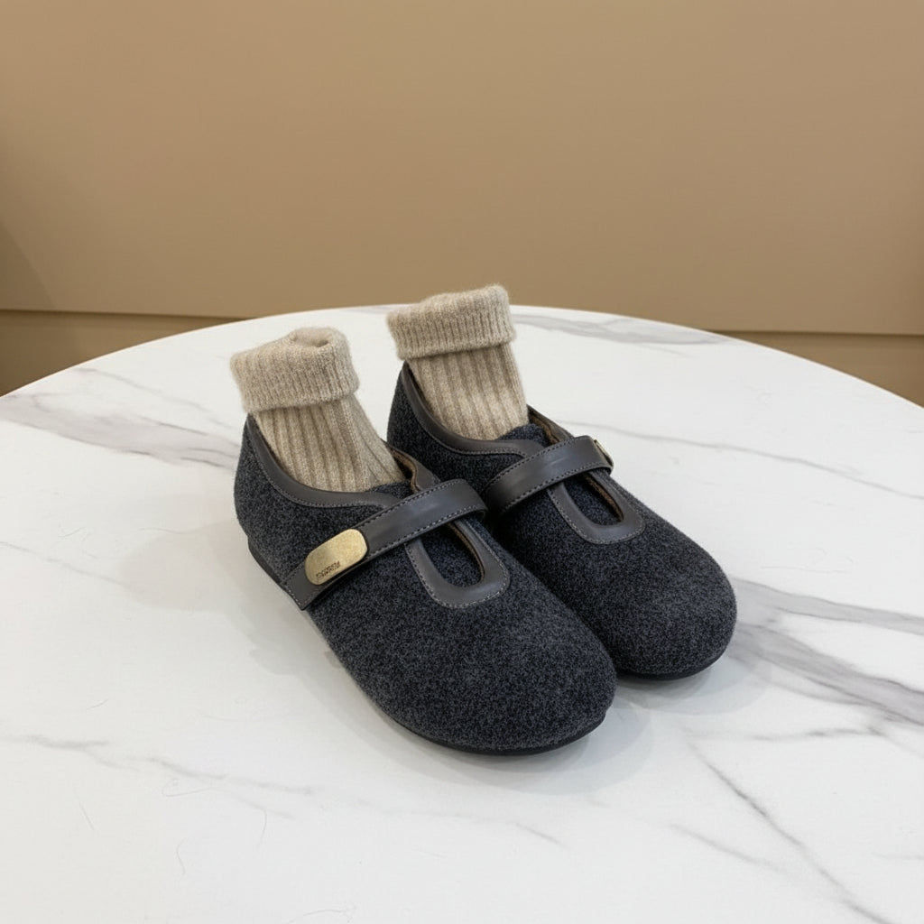 Women's Round Toe Woolen Velcro Ballet Flats