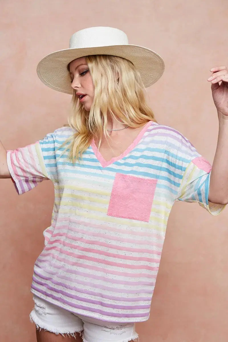 Women's Tee - Rainbow Stripe - Casual Knit Top