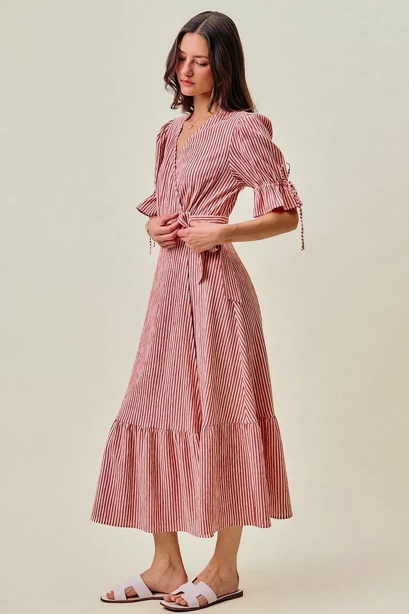 SO ME Stripe Textured Short Sleeves Lined Wrap Midi Dress