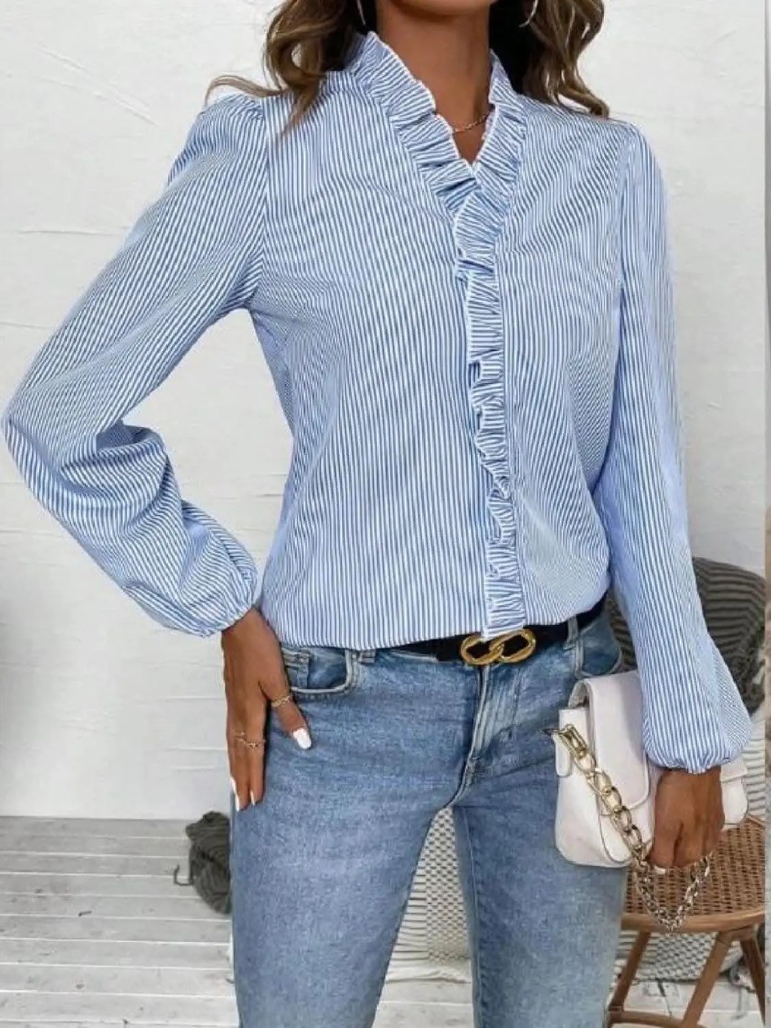 Trendsi Shirts - Frilly striped v-neck blouse - Premium Quality