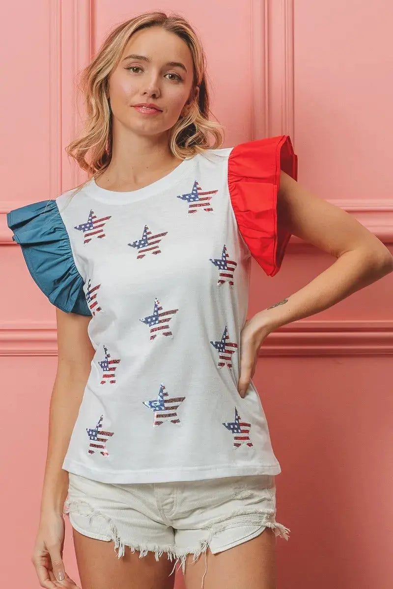 Women's T-Shirt - American Flag Sequin - Sparkly Patriotic Style