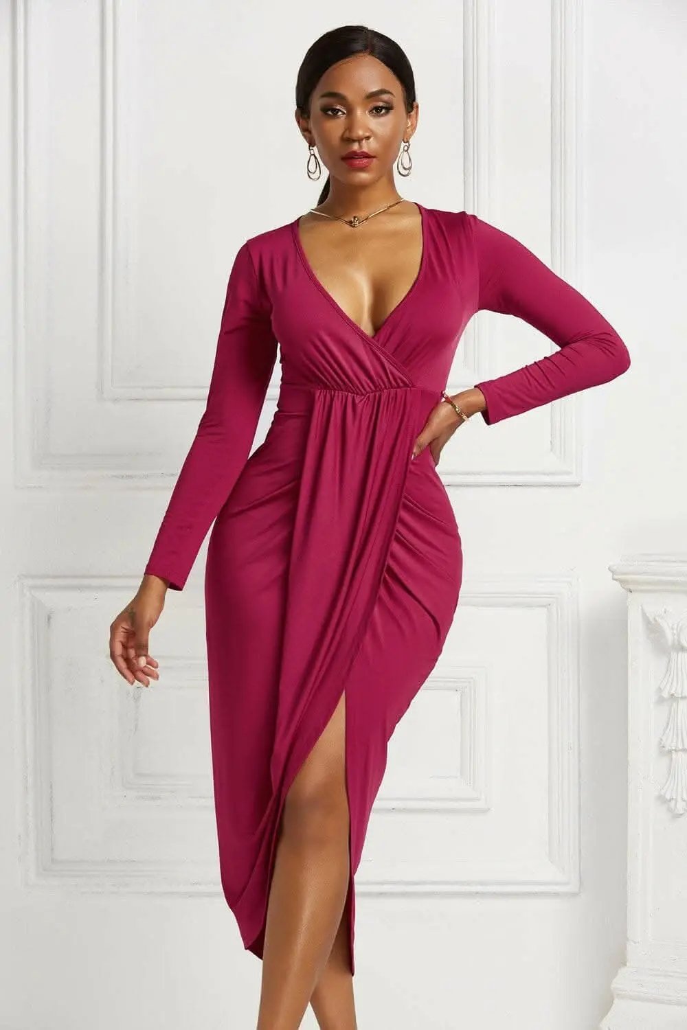 Trendsi Elegant ruched surplice dress