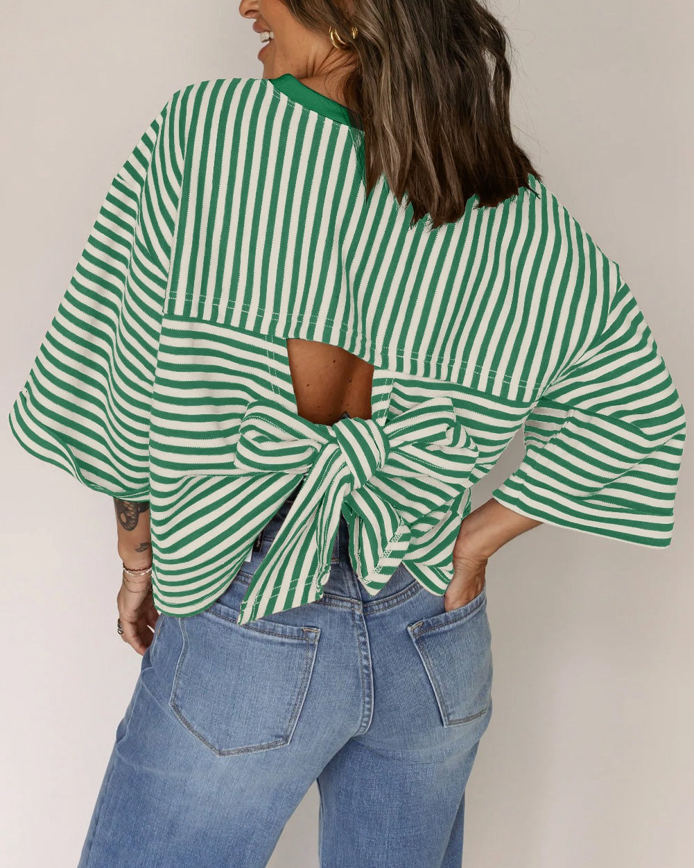 Women's Striped Back Tie-Bow Pullover Top – Round Neck 3/4 Sleeve