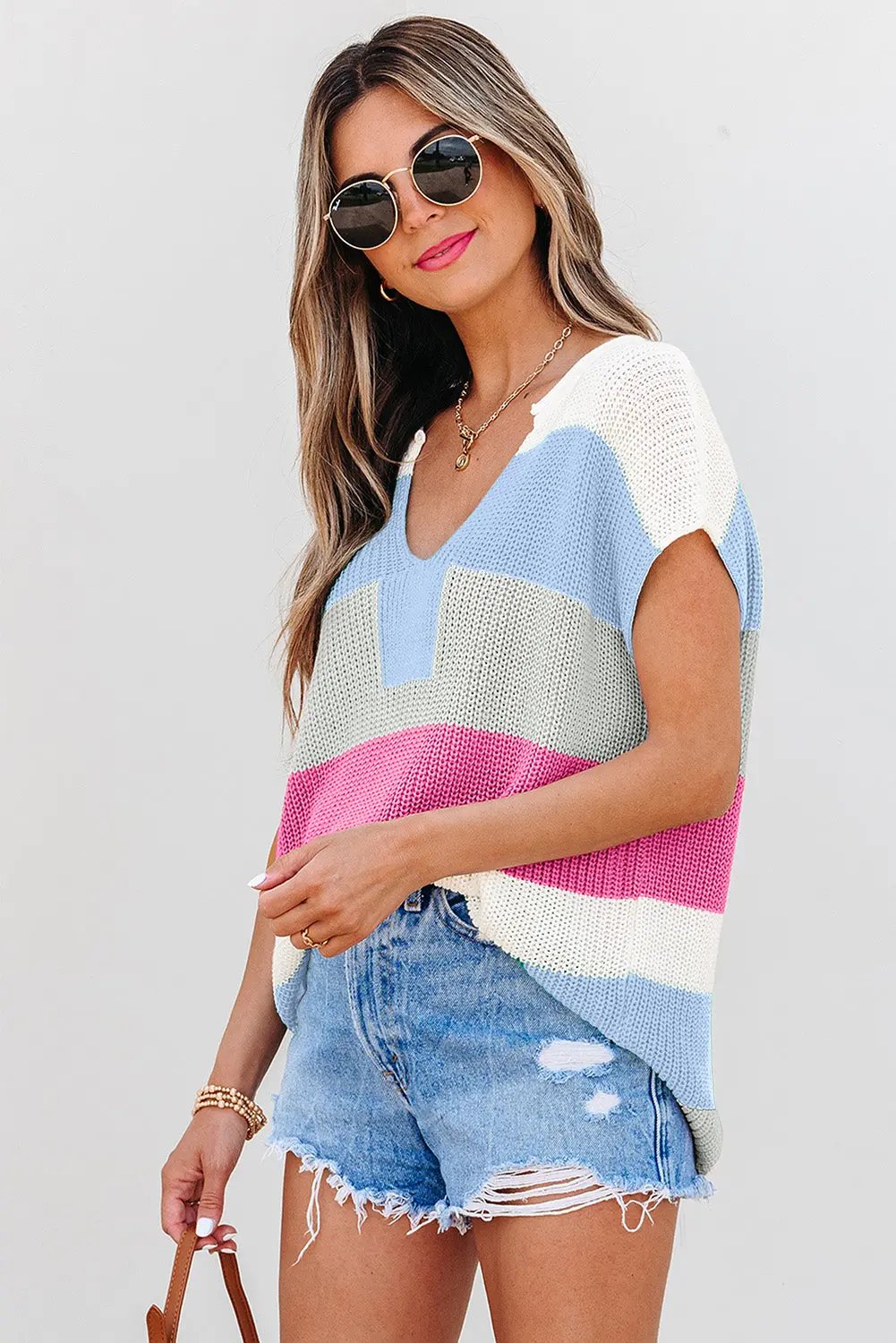 Love Salve Light Blue Color Block Women's Knit Tee: Daily Casual, V-Neck, Summer