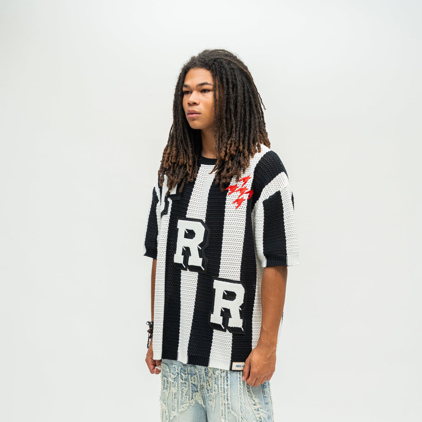 Striped Crochet Knit Jersey Shirt - Black