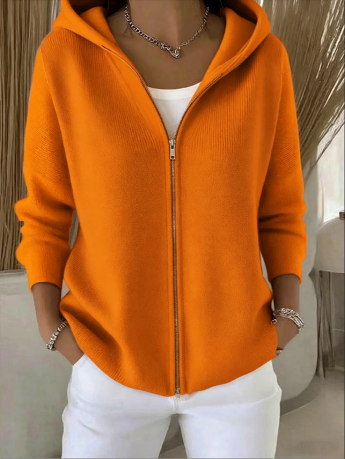 Zip-Up Knitted Hooded Cardigan Coat – Women’s Sweater