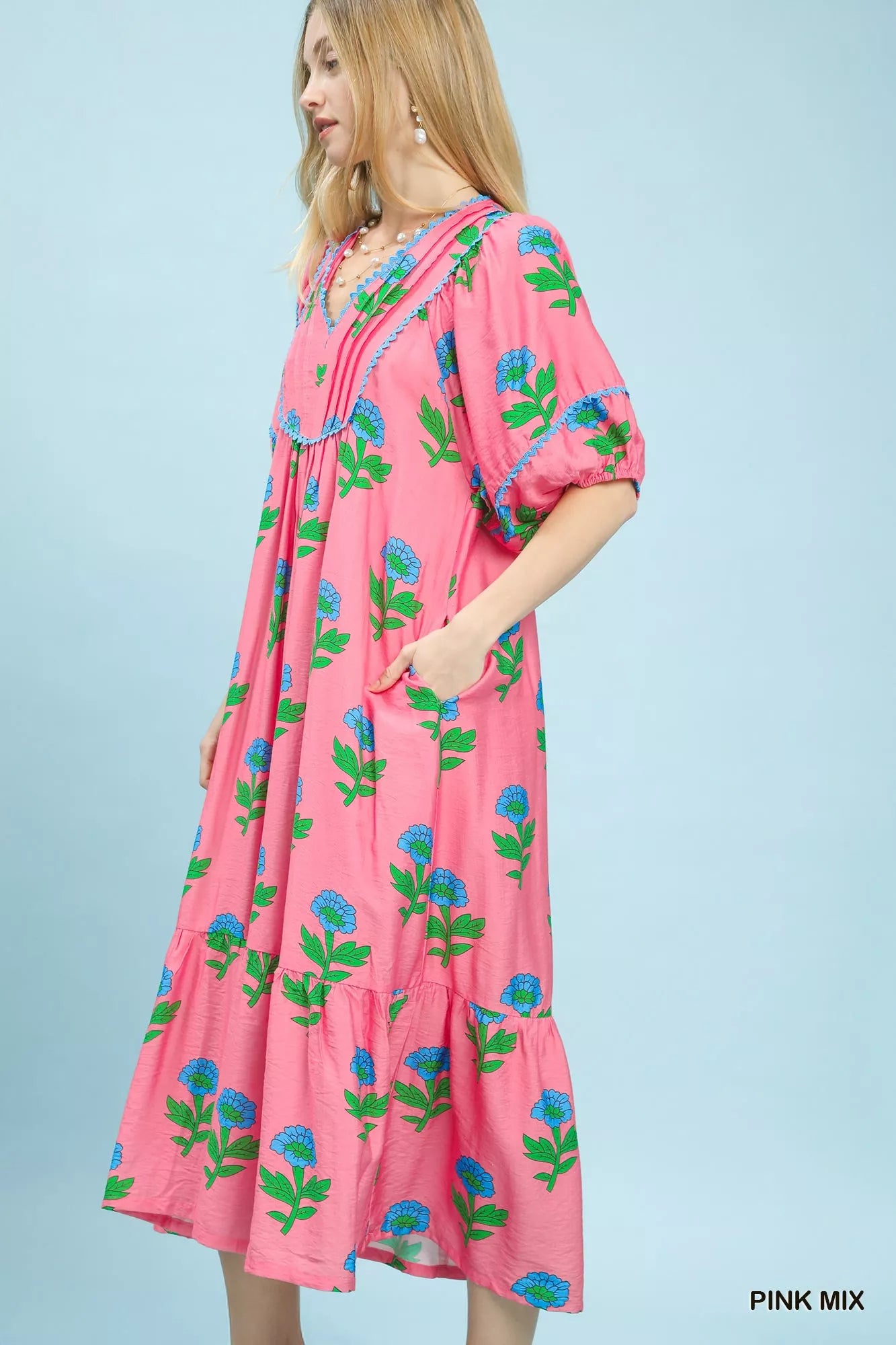 Umgee Floral Print Midi Dress in Pink