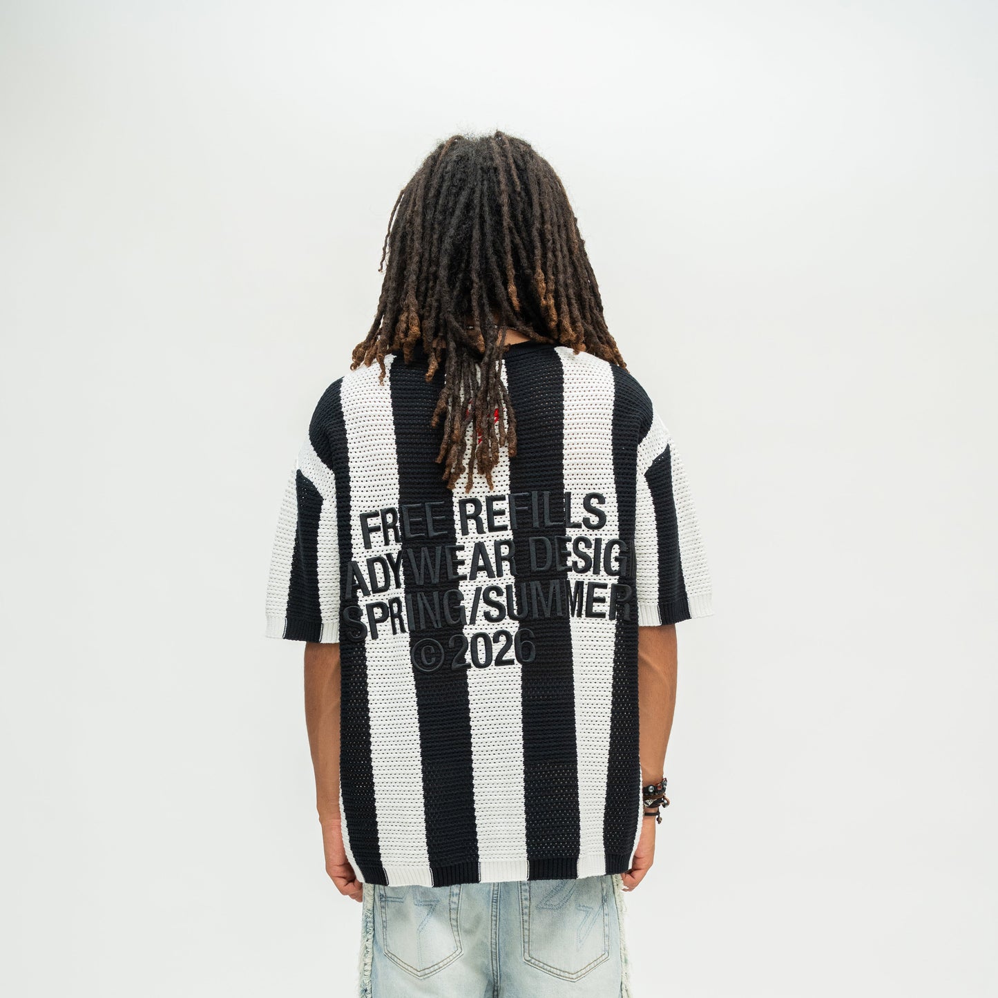 Striped Crochet Knit Jersey Shirt - Black