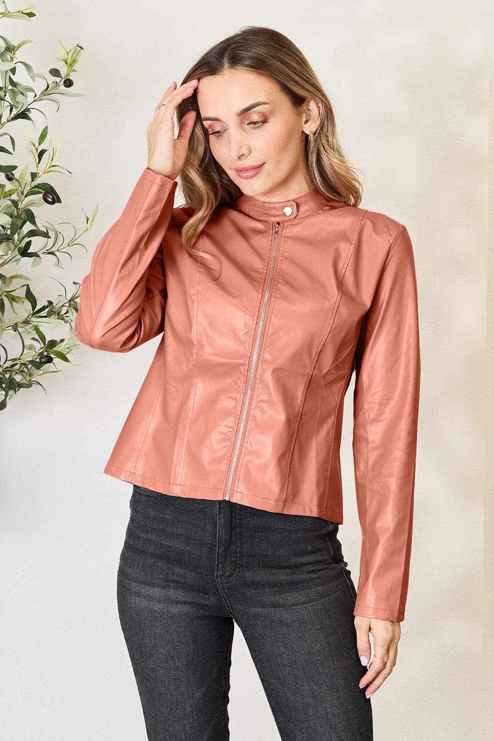 Trendsi Chic mock neck zip-up jacket