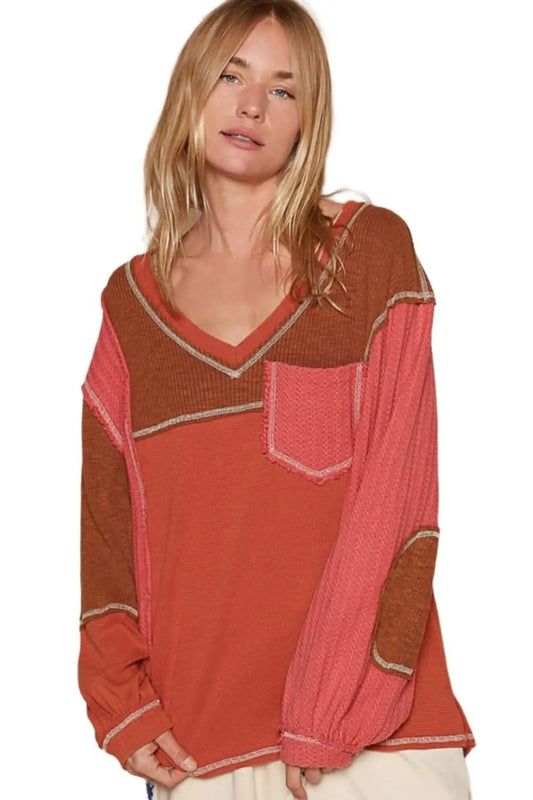 V-Neck Top - Exposed Seam Detail - Modern Casual Style