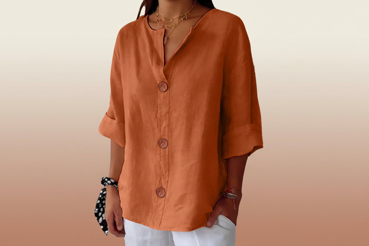 Women's V-Neck Cotton Linen Buttoned Blouse