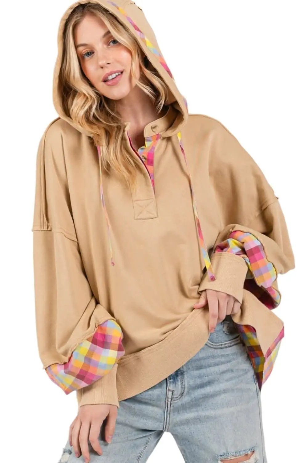 Trendsi SAGE+FIG Plaid Hoodie Women's Casual Comfy Washed Pullover