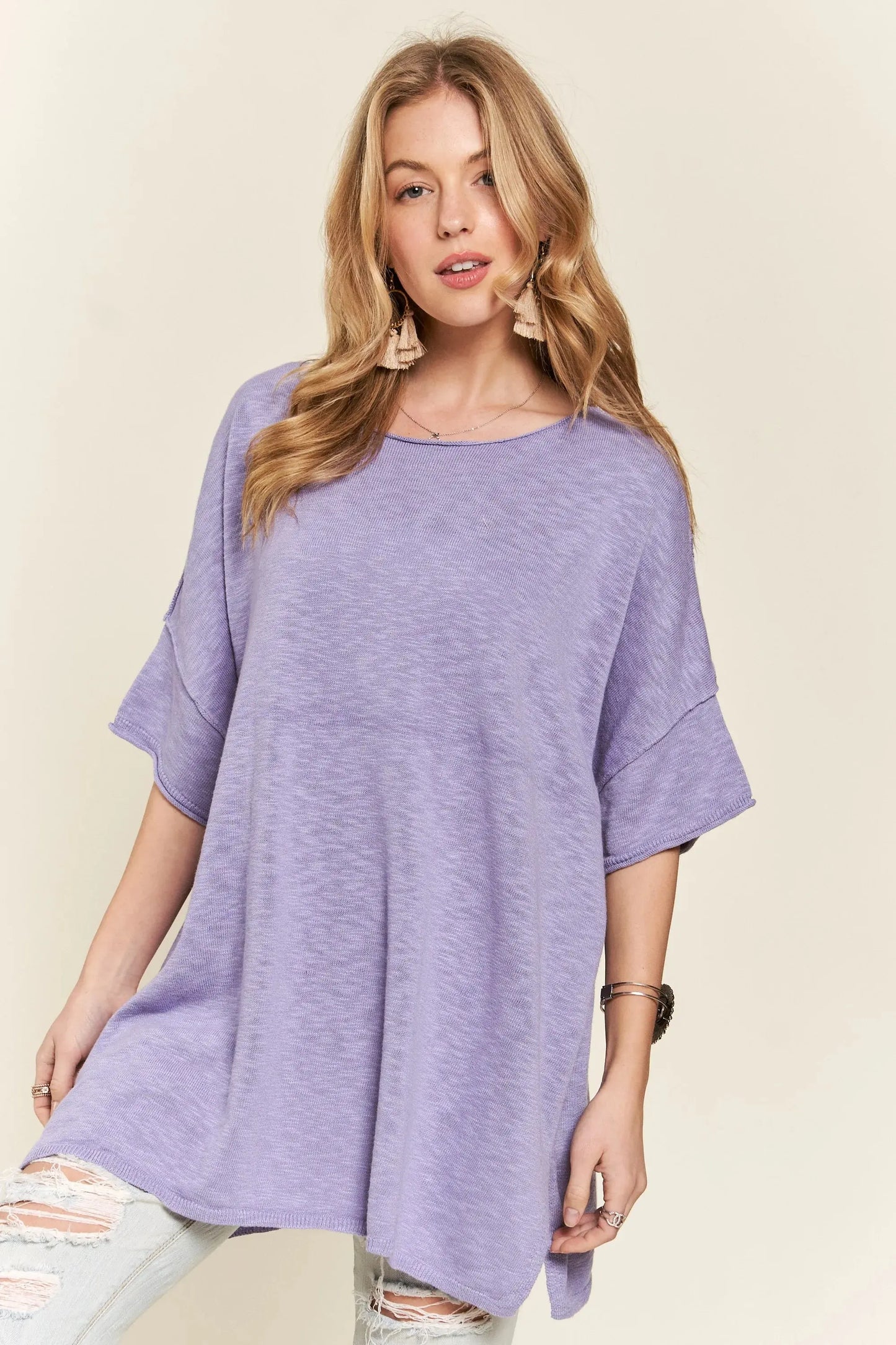 Knit Tunic Top - Drop Shoulder Loose Fit - Long Sleeve