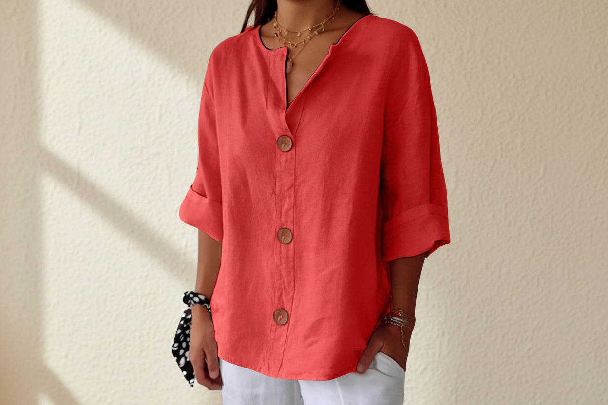 Women's V-Neck Cotton Linen Buttoned Blouse
