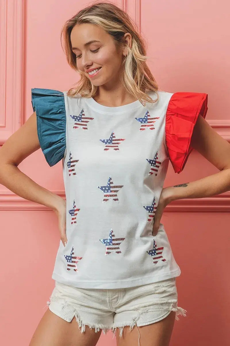 Women's T-Shirt - American Flag Sequin - Sparkly Patriotic Style