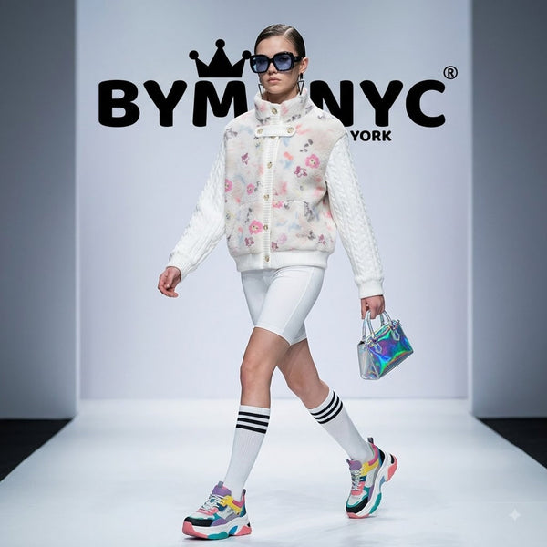 Women's White Fleece Cable Knit Bomber Jacket Floral Printed BYMANYC ® New York CONTEMPORARY VIBRANT MODERN OUTERWEAR - New Collection