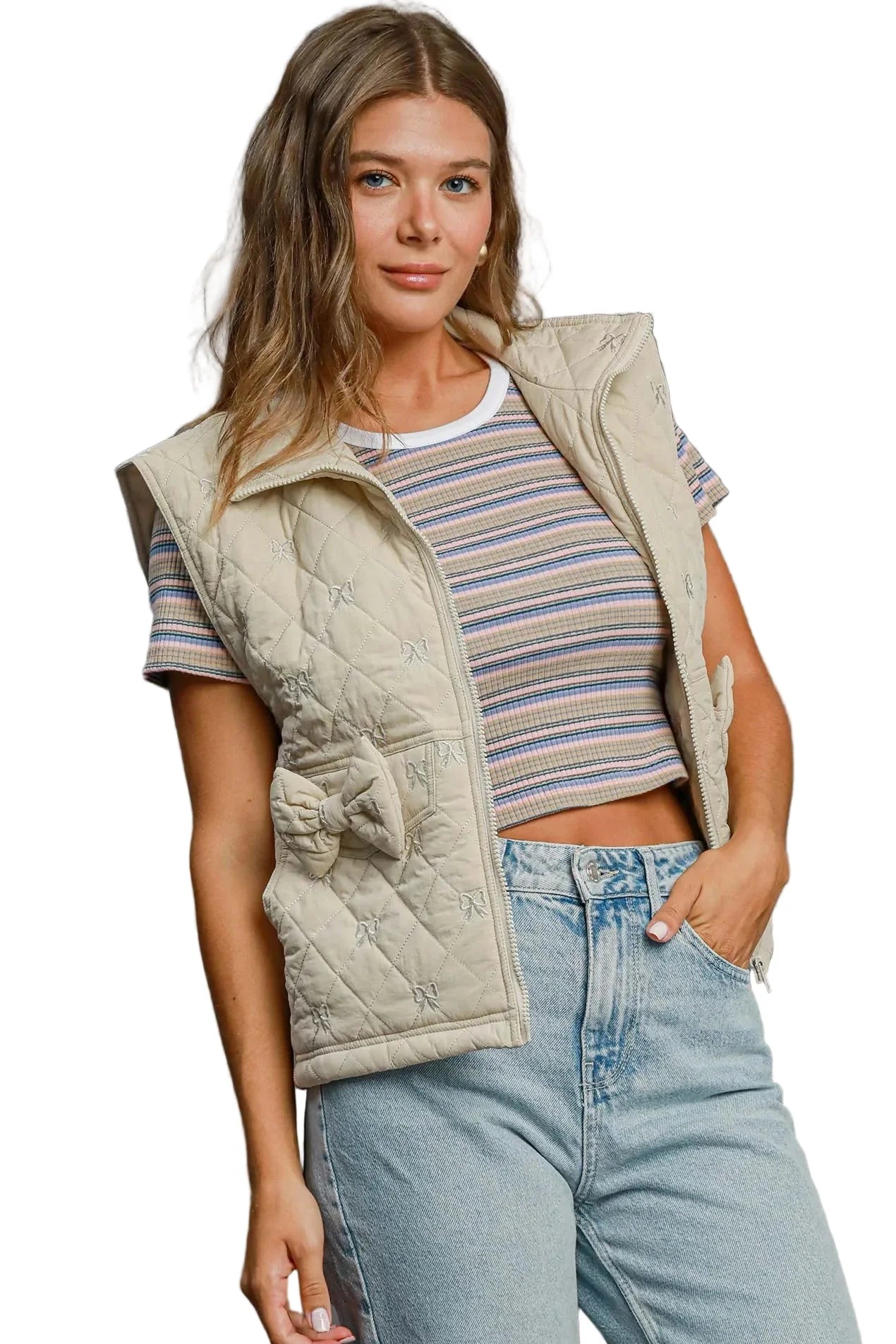 Sleeveless Quilted Vest with Bow Details