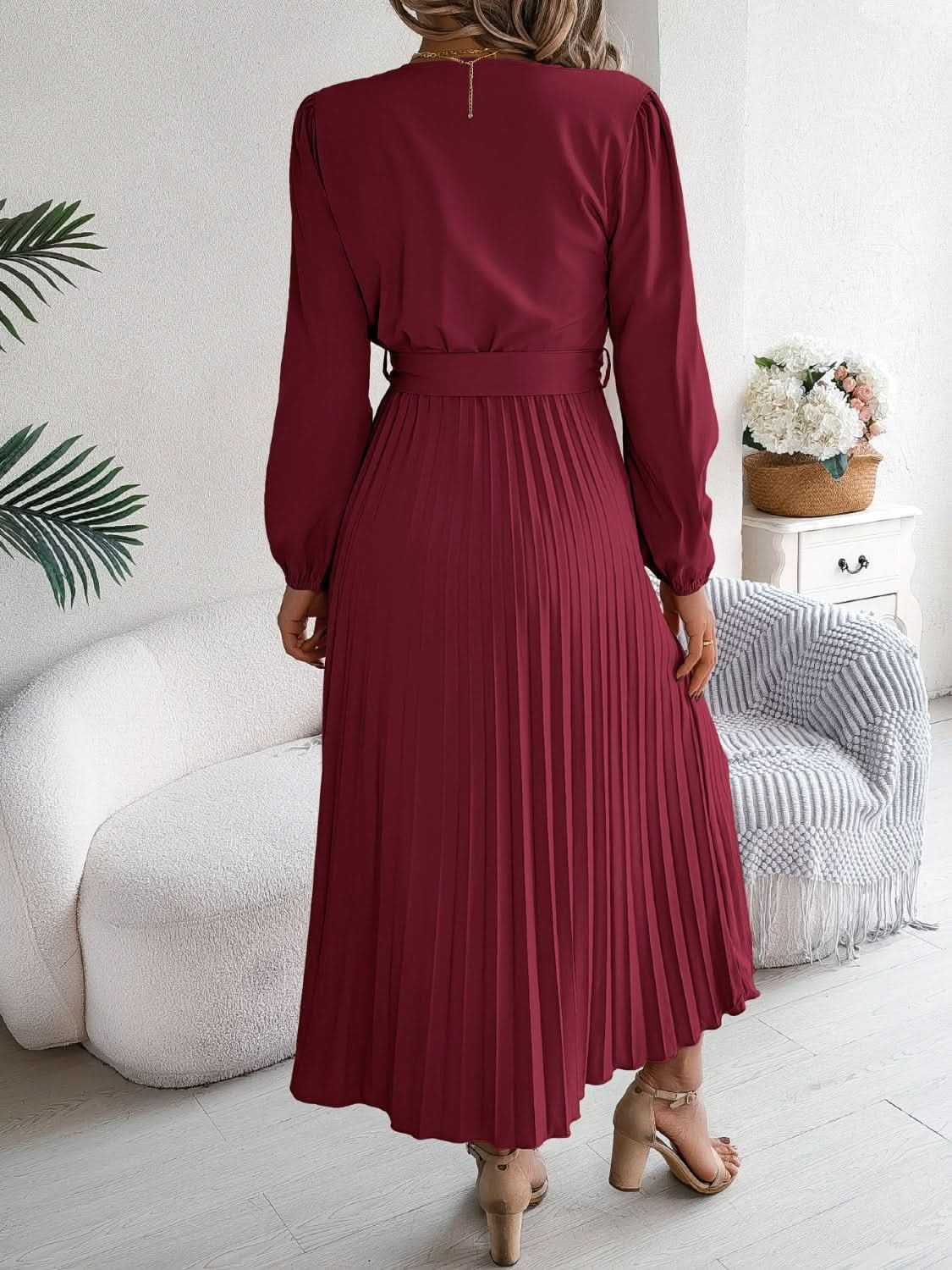 Trendsi V-Neck Dress Women's Elegant Long Sleeve Sheer Tie Dress Fashion