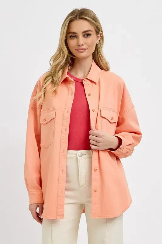 Plus Size Denim Shacket - Button Down - Casual Long Sleeve