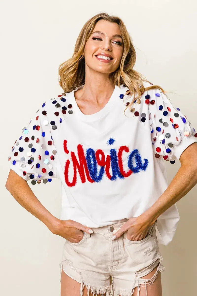 Women's Tee - Metallic Letter Puff Sleeve - Stylish Casual Top