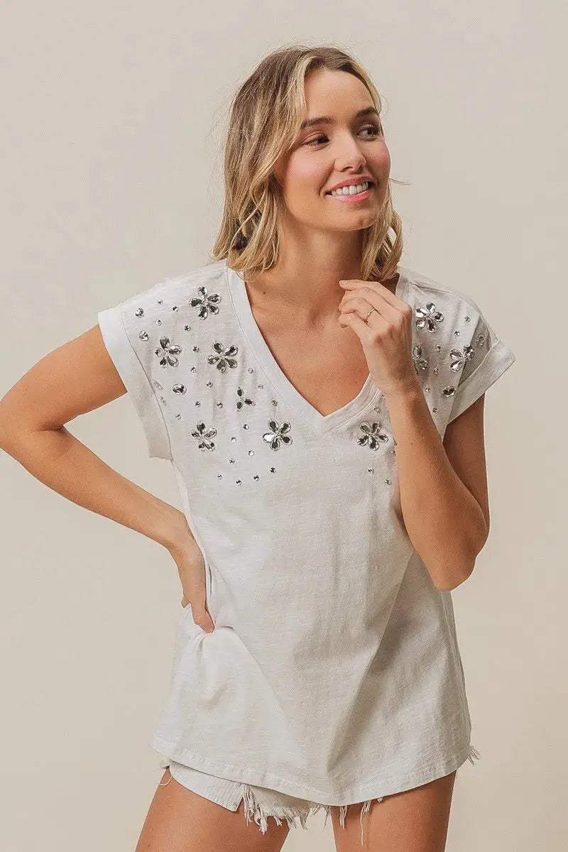 Women's Top - Slub Rhinestone V-Neck - Comfy Fit