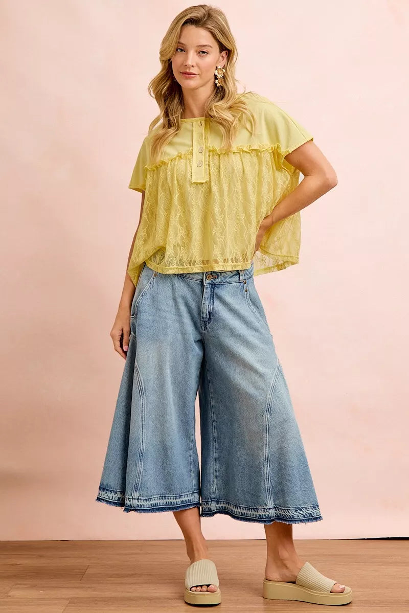 BiBi Solid Jersey With Lace Combo Ruffled Buttoned Top