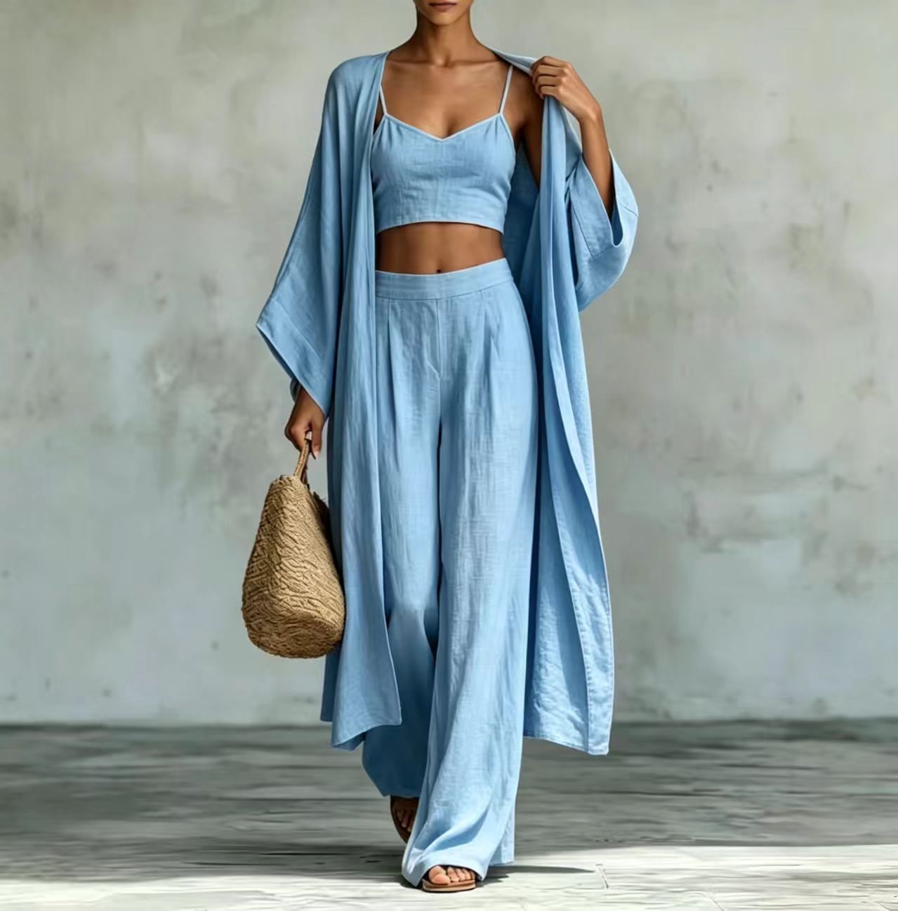 Loose Cardigan & Strap Top High Waist Wide Leg Pants Set – 3-Piece