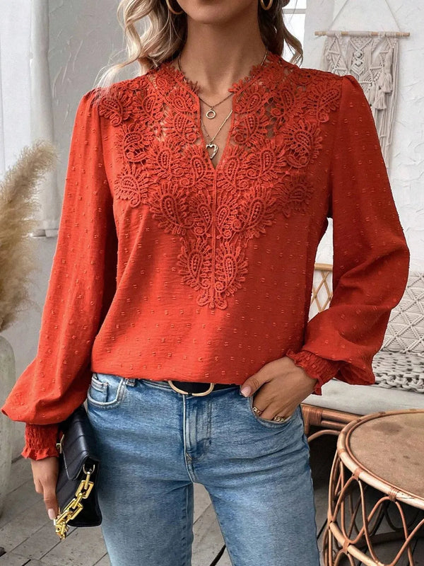 Swiss Dot Lace Detail Notched Long Sleeve Blouse – Feminine Style