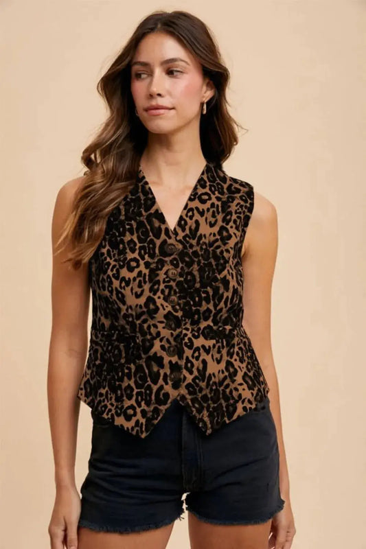 Vest - Stretch Leopard Denim - Button Down
