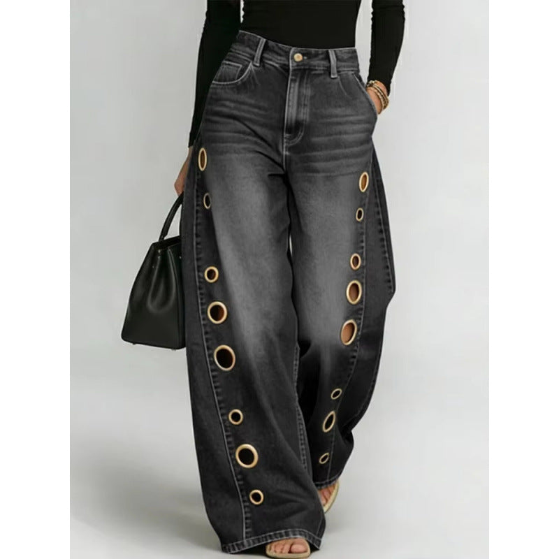 Women's Metal Eyelet High Waist Loose Wide-Leg Jeans – Light Blue, Black, Dark Blue
