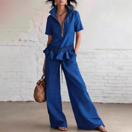 Women's Sleeveless Shirt & Wide-Leg Trousers Set – Solid Color 2-Piece