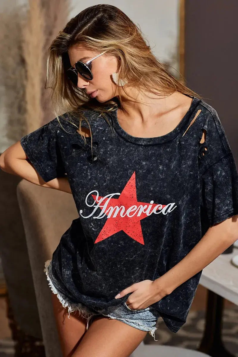 Women's Top - Laser Cut Mineral Wash - Jersey T-Shirt