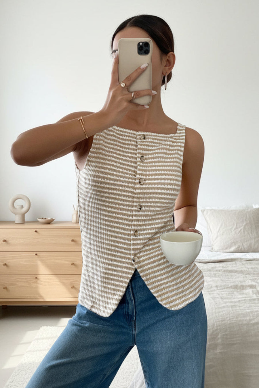 Women's Striped Button-Front Sleeveless Camisole Top – Square Neck Tank
